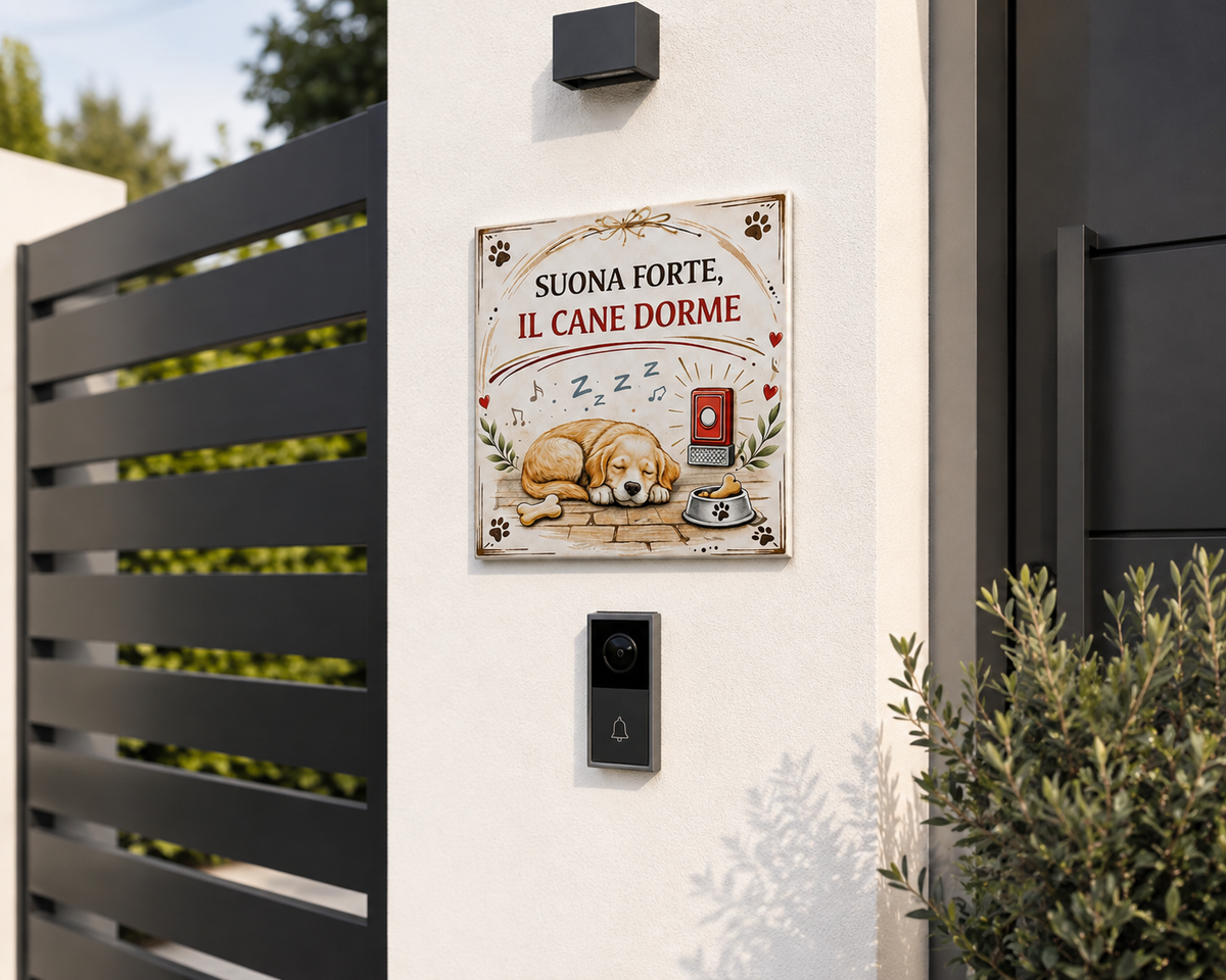 Targa in Ceramica “Suona Forte, il Cane Dorme” – Decorazione per Ingresso P8