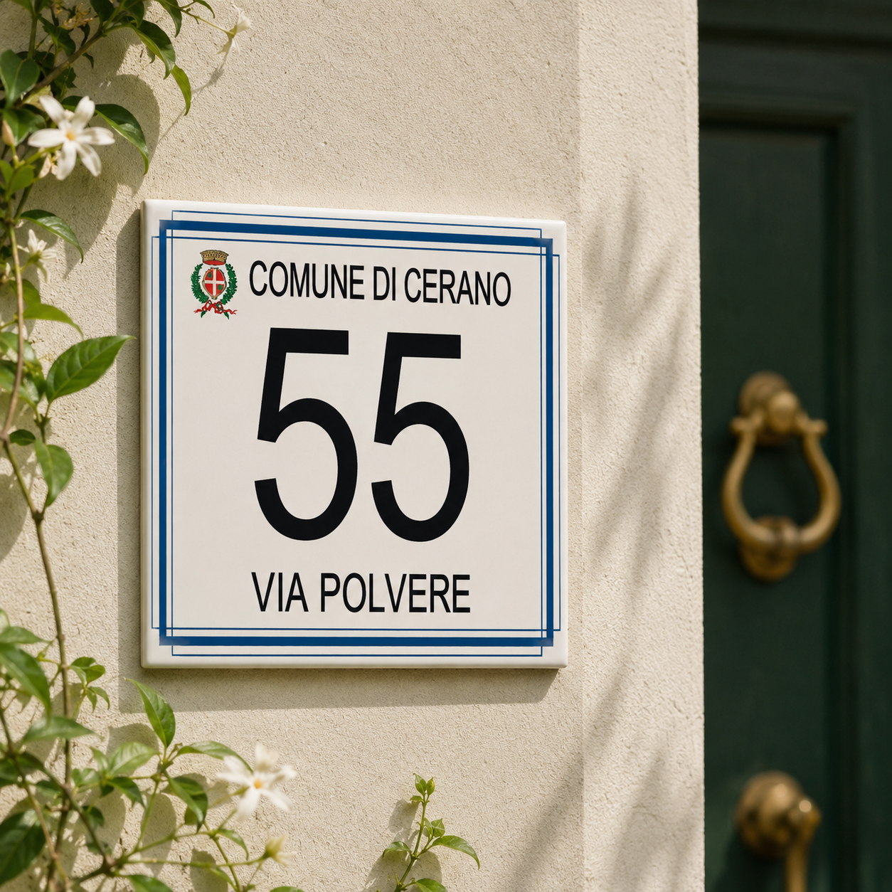 Numero Civico Personalizzato con logo del comune 15x15 cm – Targa Casa in ceramica – Handmade Italy  P24