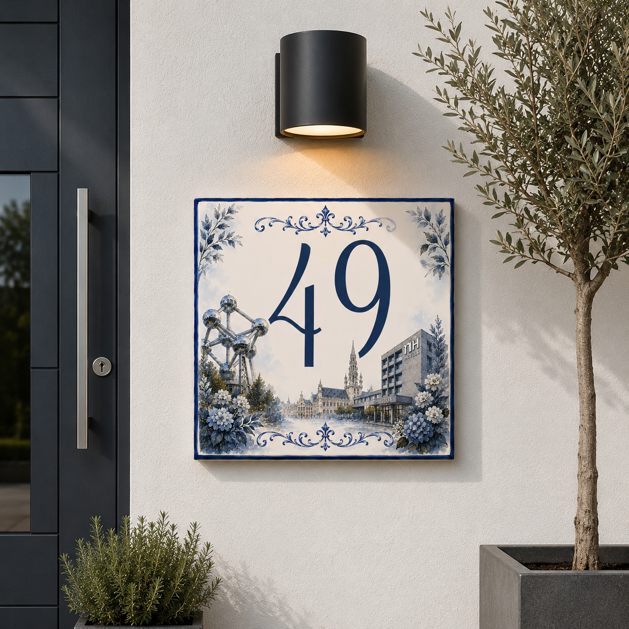 Numero Civico Personalizzato bruxelles Atomium Nh Hotels 15x15 cm – Targa Casa in ceramica – Handmade Italy  P45