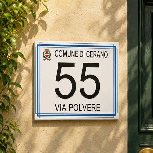 Numero Civico Personalizzato con logo del comune 15x15 cm – Targa Casa in ceramica – Handmade Italy  P24