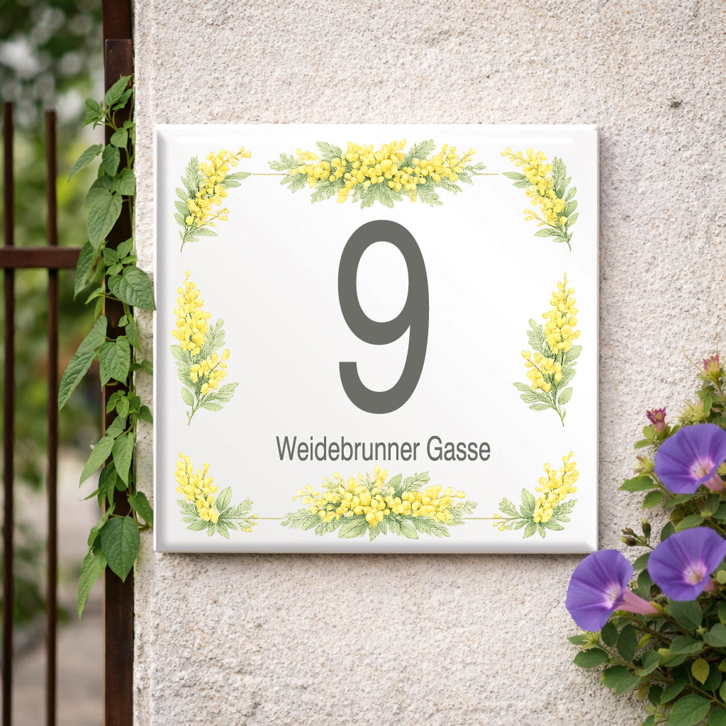 Numero Civico Personalizzato 15x15 cm – numero civico con mimose | Targa ingresso | numero civico con indirizzo C60