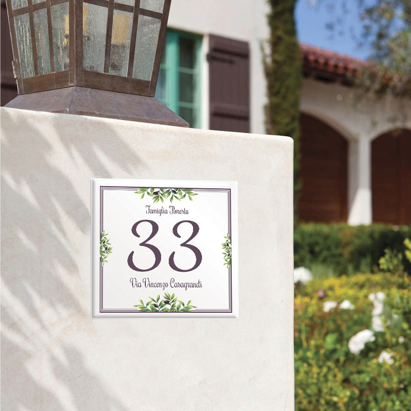 Numero Civico Personalizzato 15x15 cm – numero civico con olive | Targa ingresso | numero civico con indirizzo C43