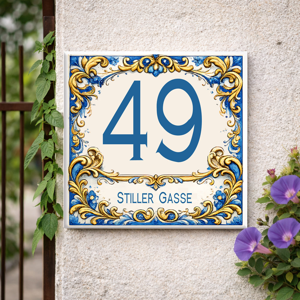 Numero Civico Personalizzato in Ceramica 15x15 cm – Targa Casa Maiolica Blu Oro – Handmade Italy  P1