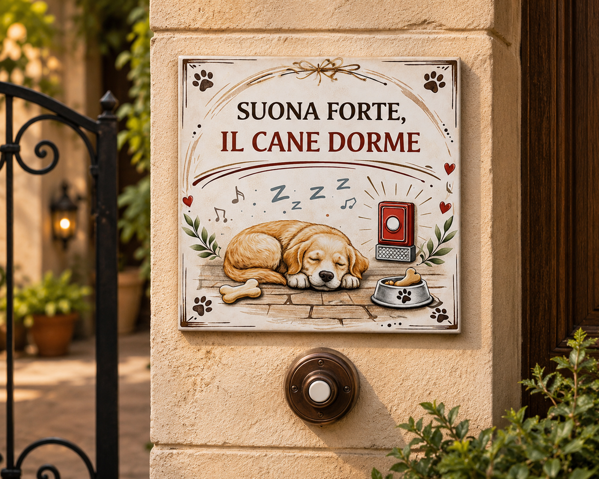 Targa in Ceramica “Suona Forte, il Cane Dorme” – Decorazione per Ingresso P8