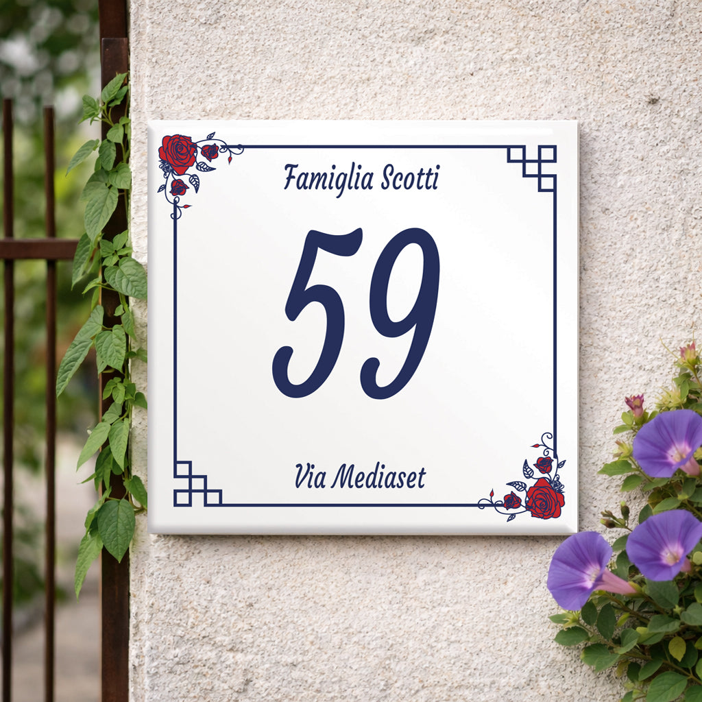 Numero Civico Personalizzato 15x15 cm – numero civico con rose | Targa ingresso | numero civico con indirizzo C31