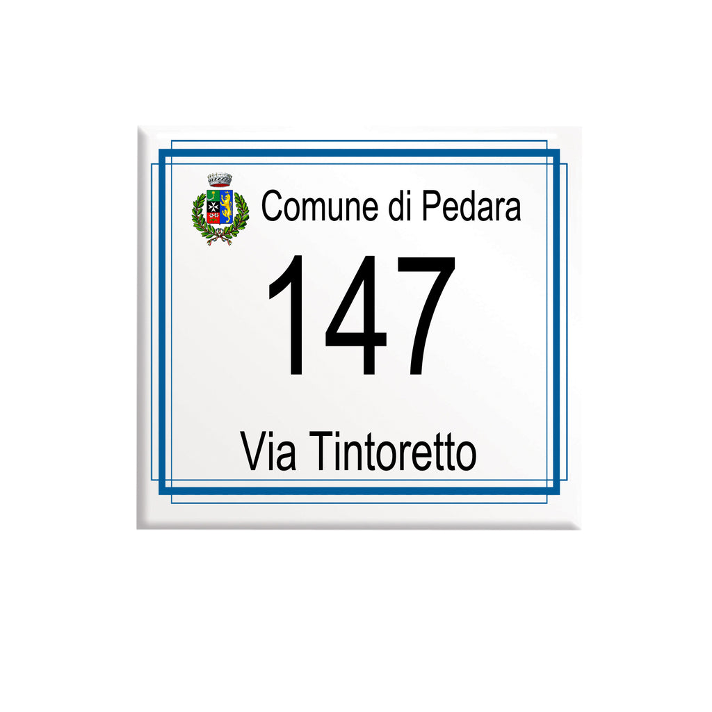 Numero Civico Personalizzato con logo del comune 15x15 cm – Targa Casa in ceramica – Handmade Italy  P24