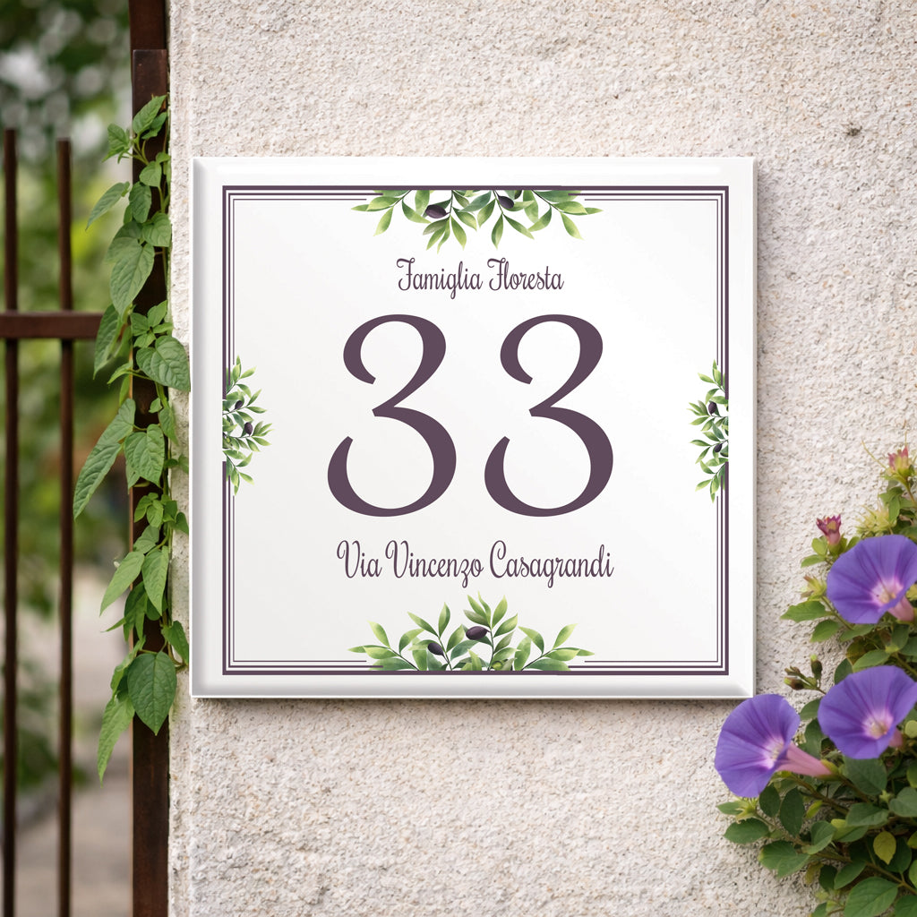 Numero Civico Personalizzato 15x15 cm – numero civico con olive | Targa ingresso | numero civico con indirizzo C43