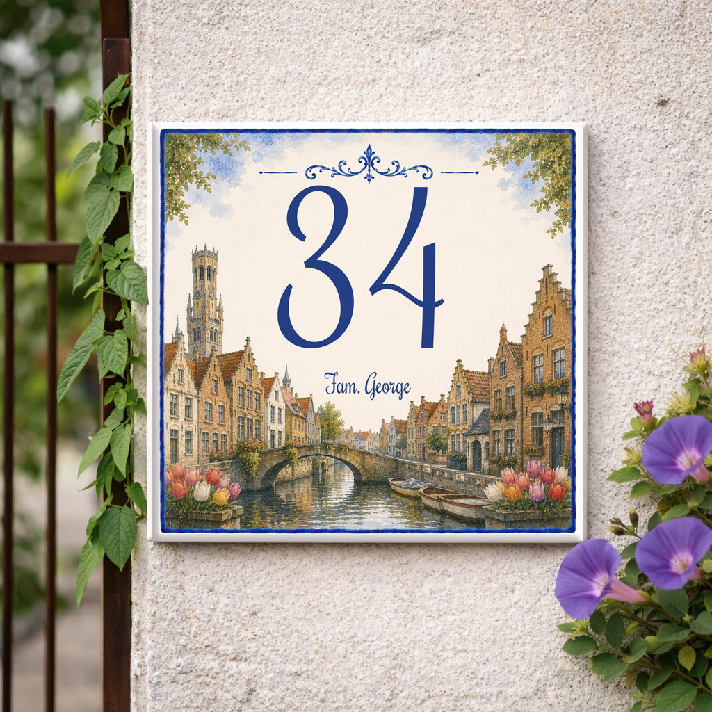 Numero Civico Personalizzato Bruges Belgio – Targa Ceramica con Paesaggio