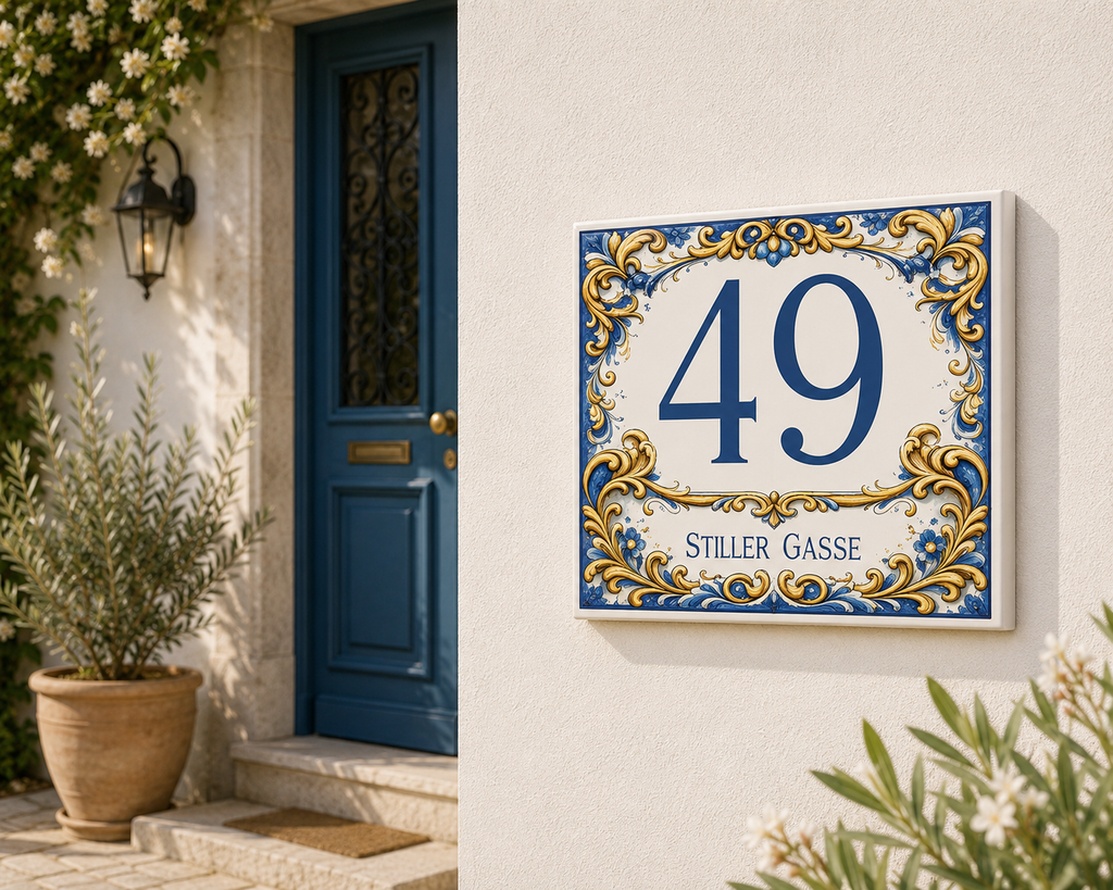 Numero Civico Personalizzato in Ceramica 15x15 cm – Targa Casa Maiolica Blu Oro – Handmade Italy  P1