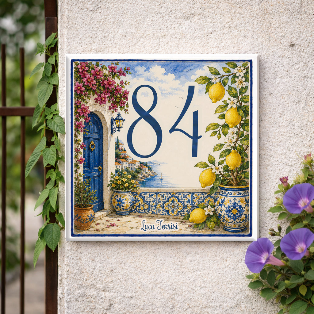 Numero Civico Personalizzato con fiori e limoni  mediterraneo – Handmade Italy  P67