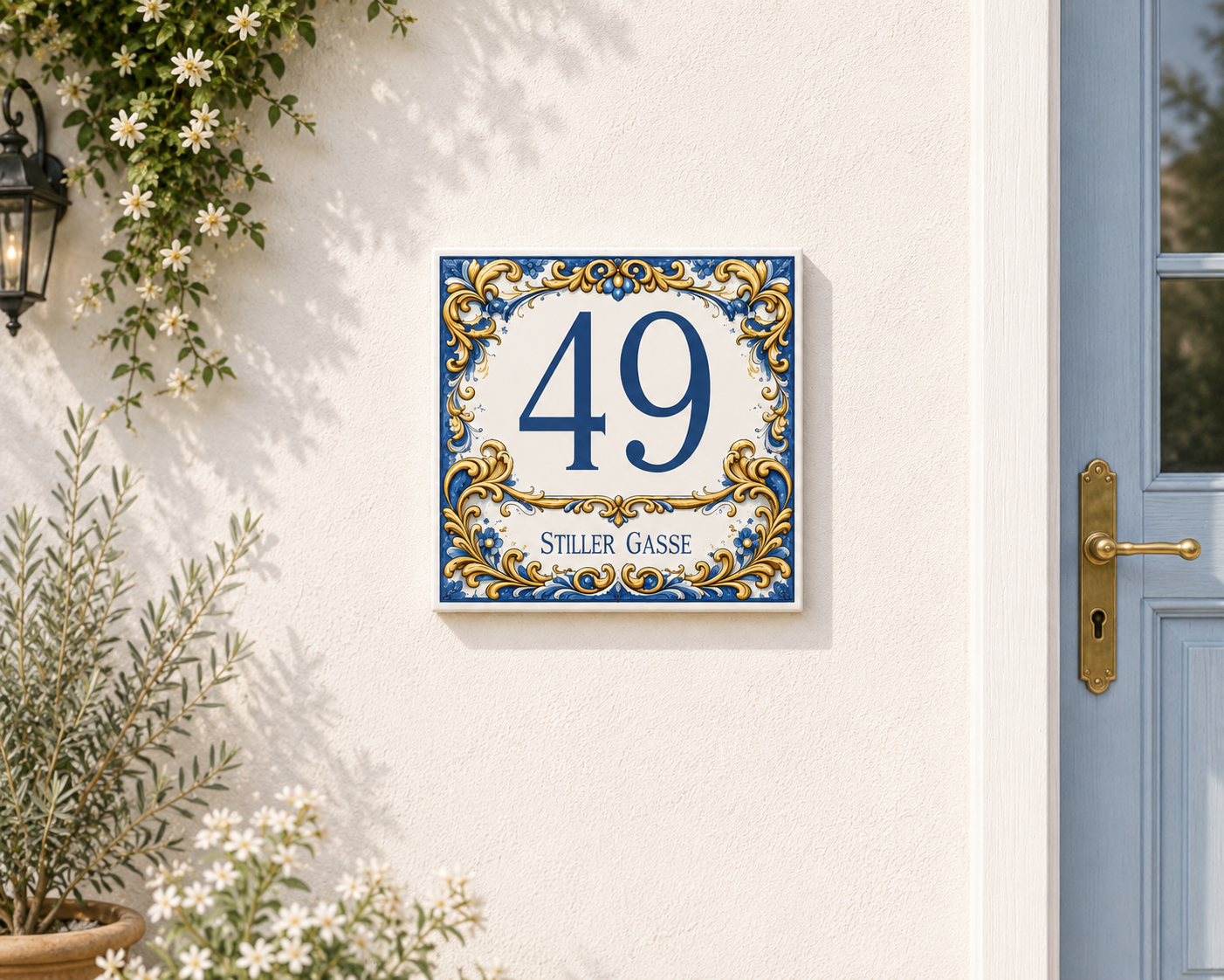 Numero Civico Personalizzato in Ceramica 15x15 cm – Targa Casa Maiolica Blu Oro – Handmade Italy  P1