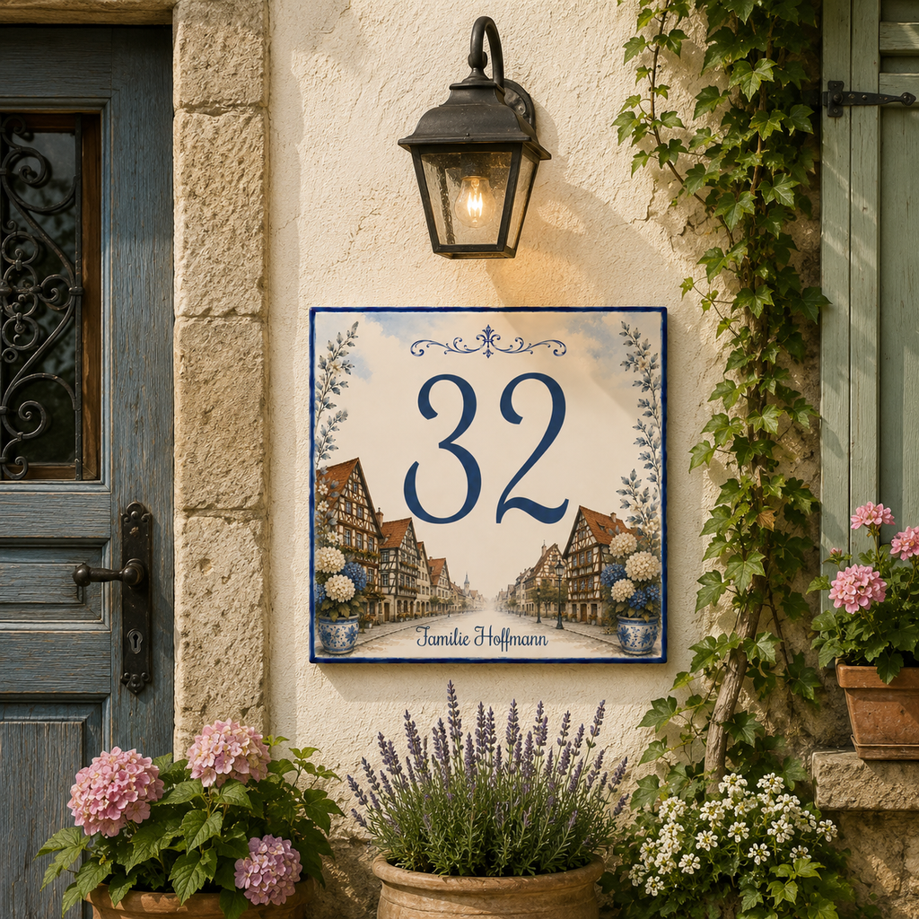 Numero Civico Personalizzato Germania case a traliccio 15x15 cm – Targa Casa in ceramica – Handmade Italy  P46