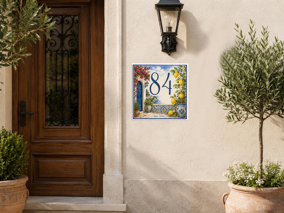 Numero Civico Personalizzato con fiori e limoni  mediterraneo – Handmade Italy  P67