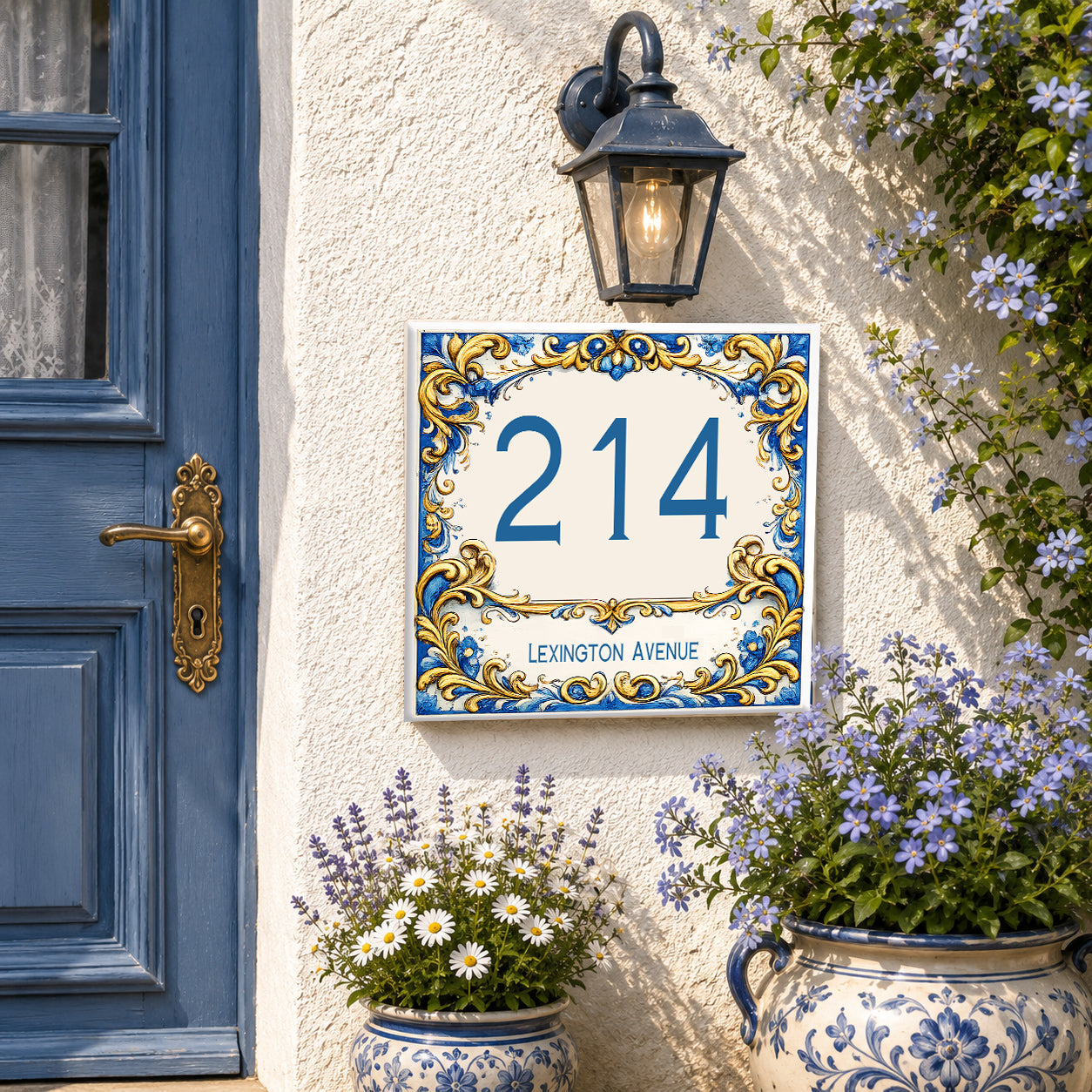 Numero Civico Personalizzato in Ceramica 15x15 cm – Targa Casa Maiolica Blu Oro – Handmade Italy  P1